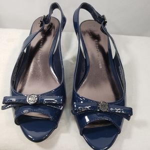 Etienne Aigner Blue Open Toe Bow Accent Patent Wedge Sandals Size 6M